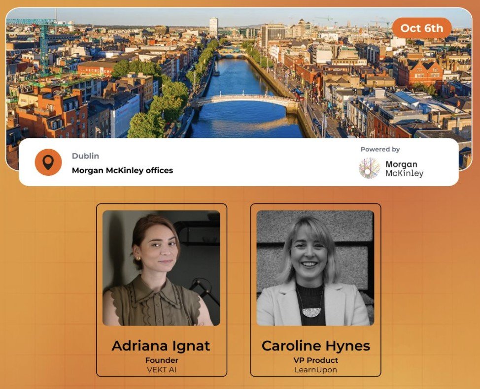 Product Weekend Dublin event card for October 6th, featuring Adriana Ignat of VEKT AI and Caroline Hynes of LearnUpon, powered by Morgan McKinley